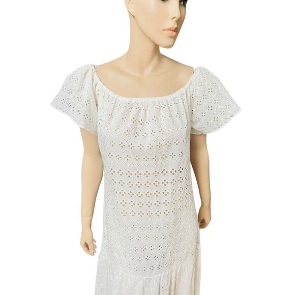 Natural Rough Cotton Off-white Eyelet Maxi Dress Size Fit L Slit on Both Sides - Picture 5 of 15
